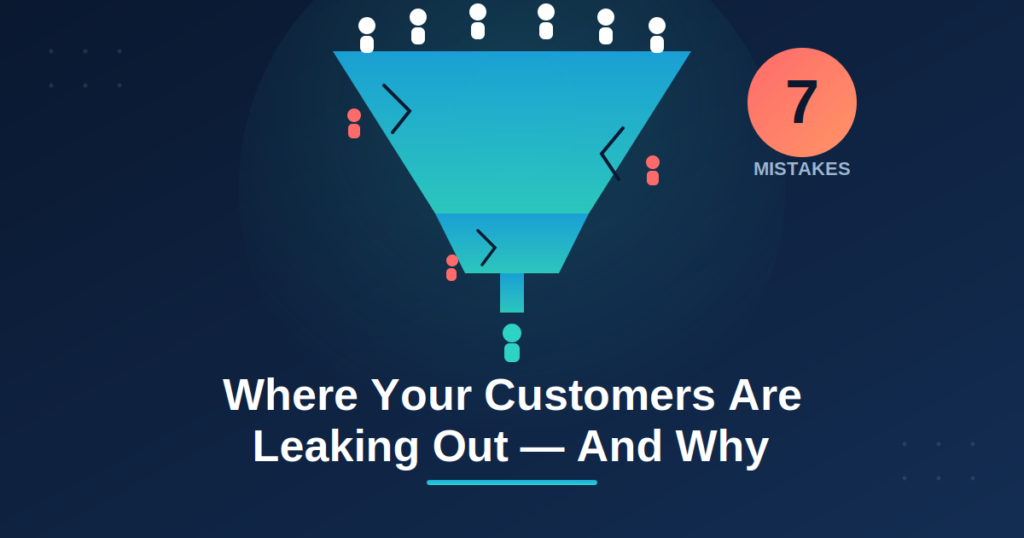 Leaking conversion funnel showing website and mobile app visitors dropping off due to common UX mistakes